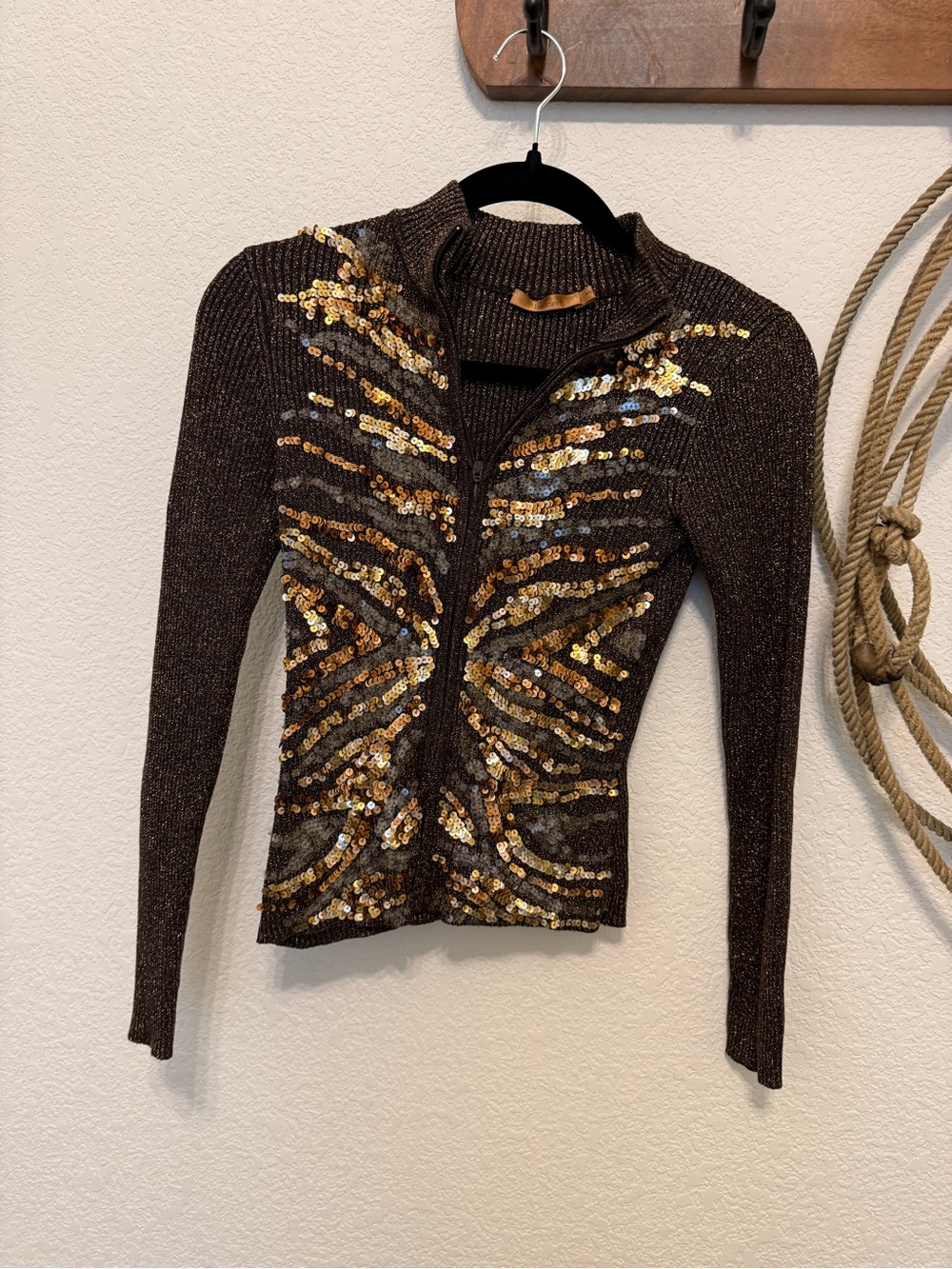 Vintage Y2K Belldini Silk Lurex Knit Sequin Zip-Up Mock Neck Cardigan ✨